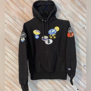 Champion Reverse Weave Vintage Black Hoodie with Colorful Patches